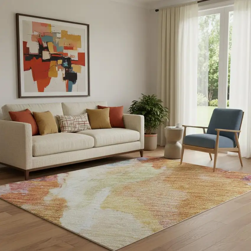 Orange Red And Teal Abstract Washable Area Rug With UV Protection Photo 2