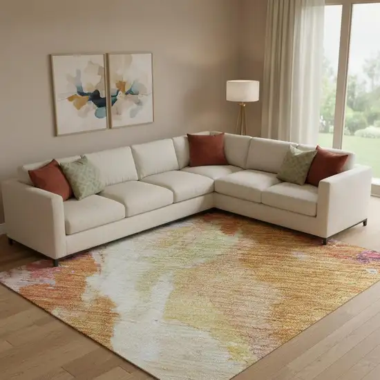 Orange Red And Teal Abstract Washable Area Rug With UV Protection Photo 2