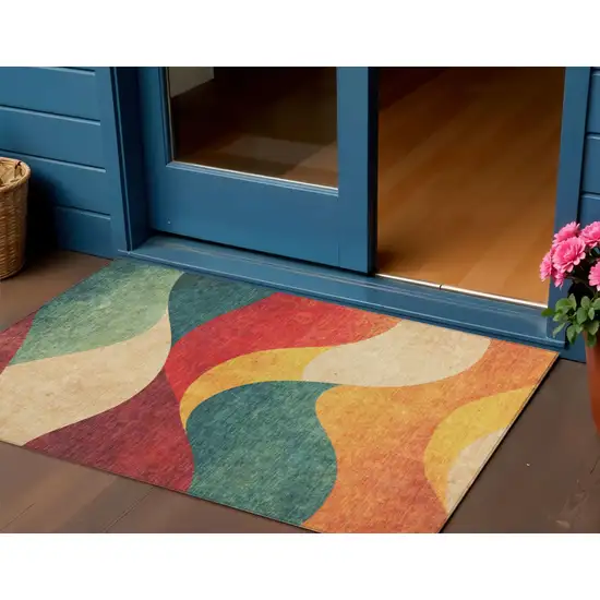 Orange Red And Teal Blue Abstract Washable Indoor Outdoor Area Rug Photo 2