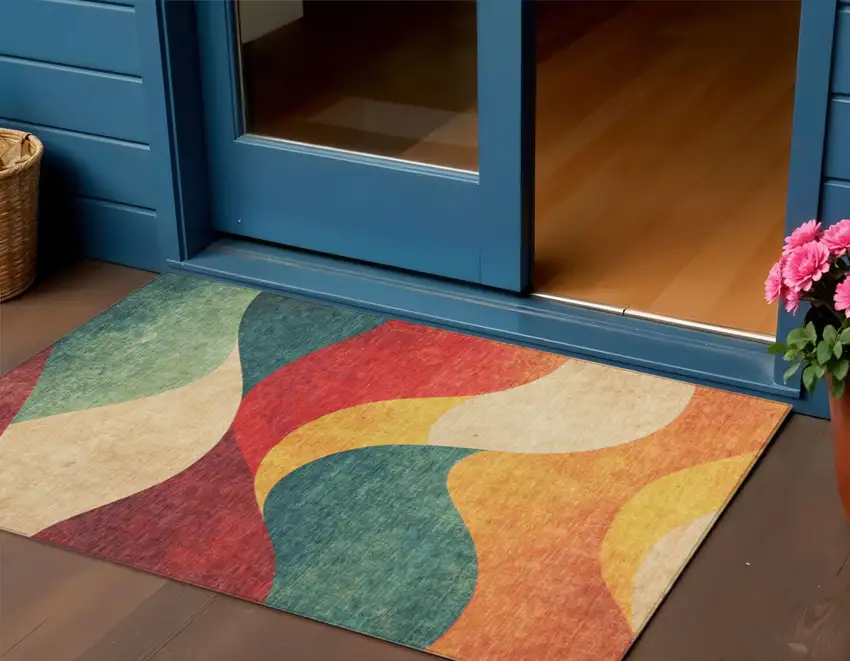 Orange Red And Teal Blue Abstract Washable Indoor Outdoor Area Rug Photo 2