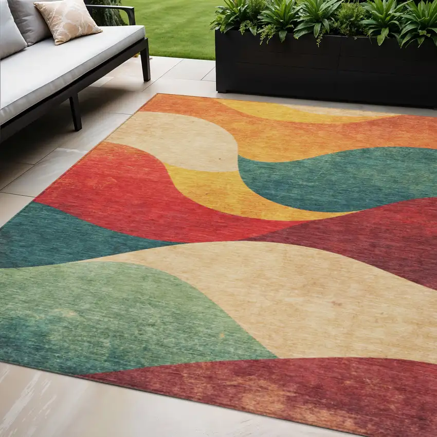 Orange Red And Teal Blue Abstract Washable Indoor Outdoor Area Rug Photo 2