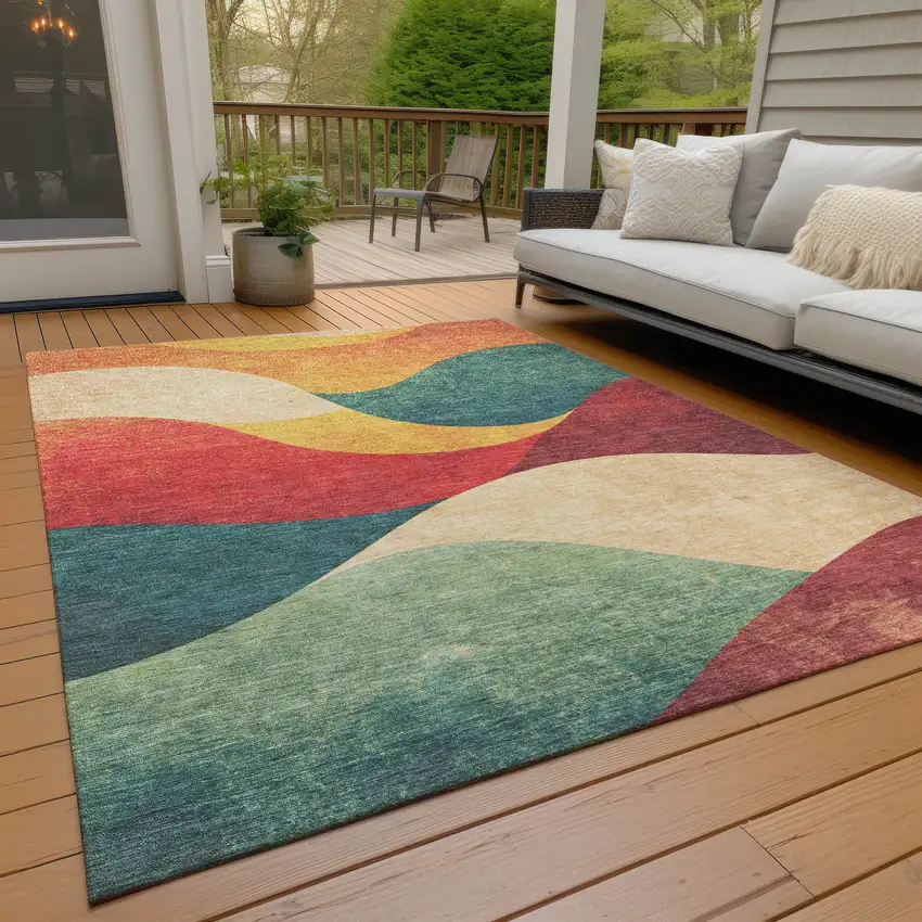 Orange Red And Teal Blue Abstract Washable Indoor Outdoor Area Rug Photo 9