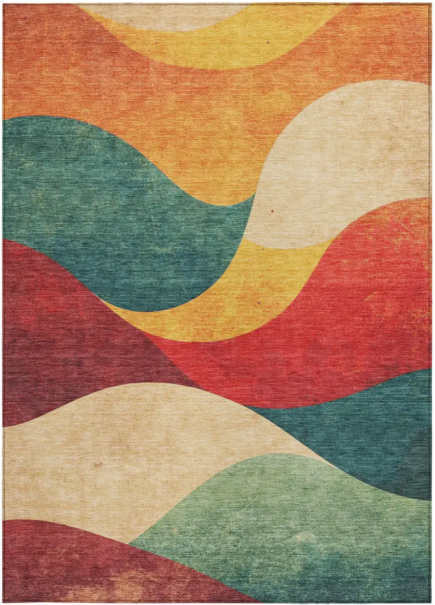 Orange Red And Teal Blue Abstract Washable Indoor Outdoor Area Rug Photo 1
