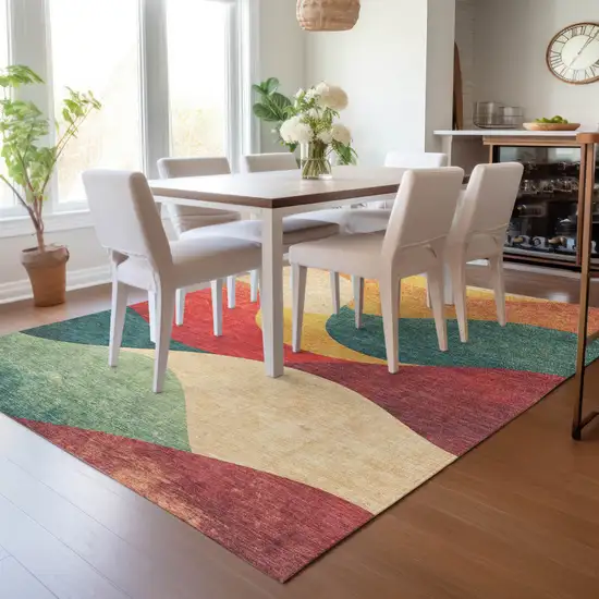 Orange Red And Teal Blue Abstract Washable Indoor Outdoor Area Rug Photo 9