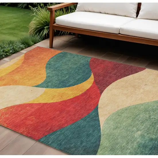 Orange Red And Teal Blue Abstract Washable Indoor Outdoor Area Rug Photo 2
