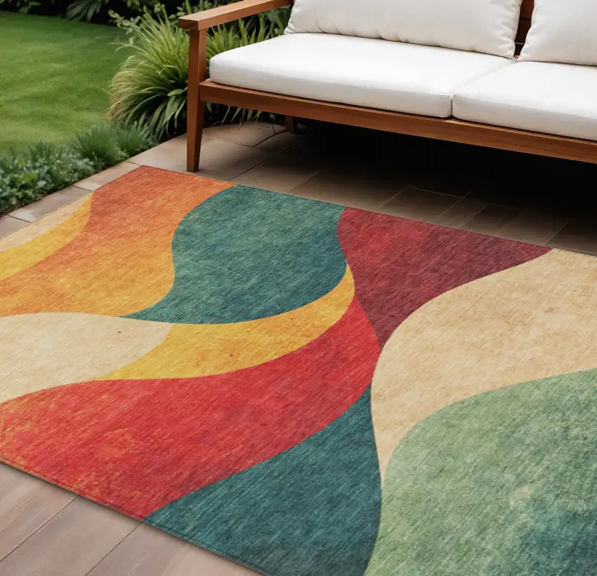 Orange Red And Teal Blue Abstract Washable Indoor Outdoor Area Rug Photo 2