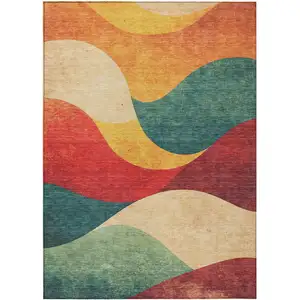 Photo of Orange Red And Teal Blue Abstract Washable Indoor Outdoor Area Rug