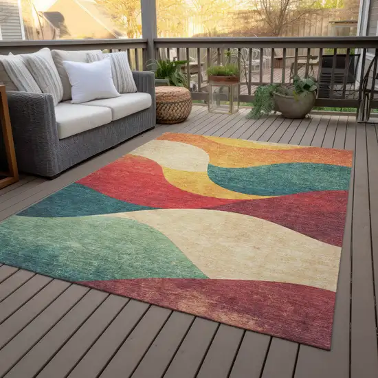 Orange Red And Teal Blue Abstract Washable Indoor Outdoor Area Rug Photo 9