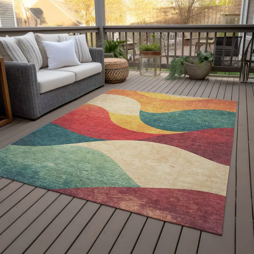 Orange Red And Teal Blue Abstract Washable Indoor Outdoor Area Rug Photo 9