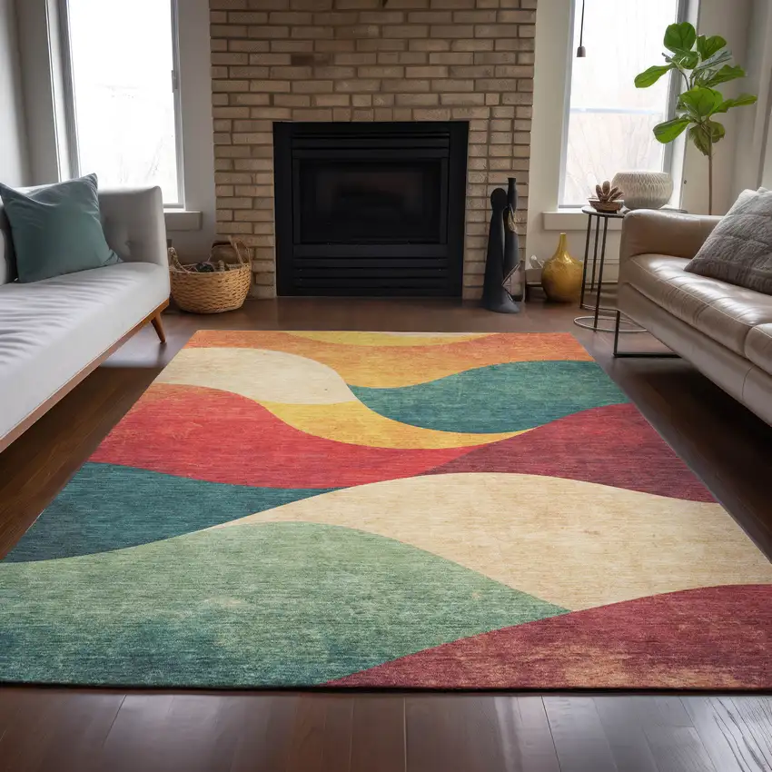 Orange Red And Teal Blue Abstract Washable Indoor Outdoor Area Rug Photo 8