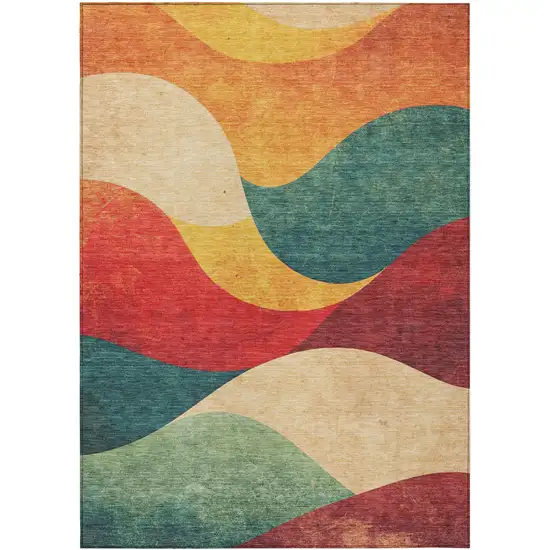 Orange Red And Teal Blue Abstract Washable Indoor Outdoor Area Rug Photo 3
