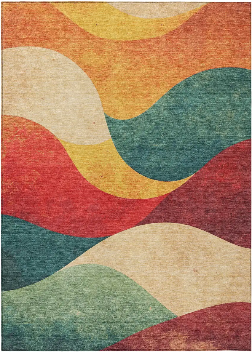 Orange Red And Teal Blue Abstract Washable Indoor Outdoor Area Rug Photo 3