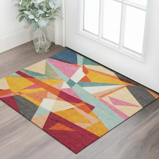Orange Red Blue And Gold Geometric Washable Area Rug With UV Protection Photo 2