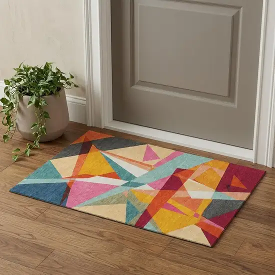 Orange Red Blue And Gold Geometric Washable Area Rug With UV Protection Photo 1