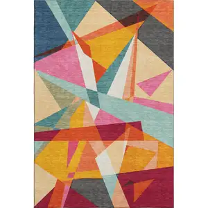 Photo of Orange Red Blue And Gold Geometric Washable Area Rug With UV Protection