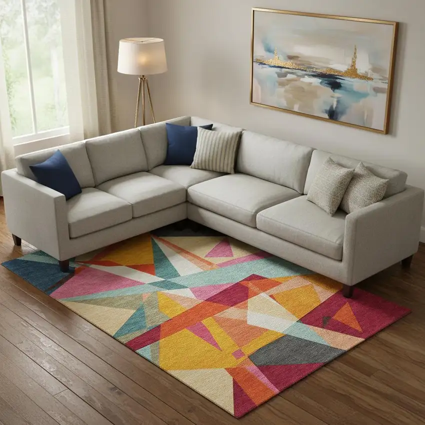 Orange Red Blue And Gold Geometric Washable Area Rug With UV Protection Photo 2