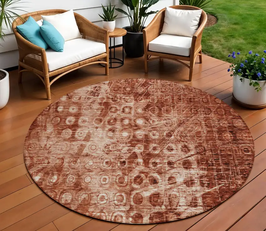Orange Round Ikat Washable Non Skid Indoor Outdoor Area Rug Photo 1