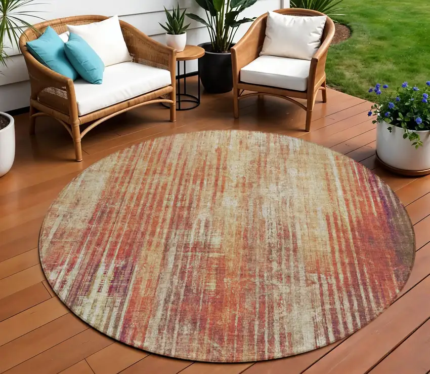 Orange Round Striped Washable Non Skid Indoor Outdoor Area Rug Photo 1