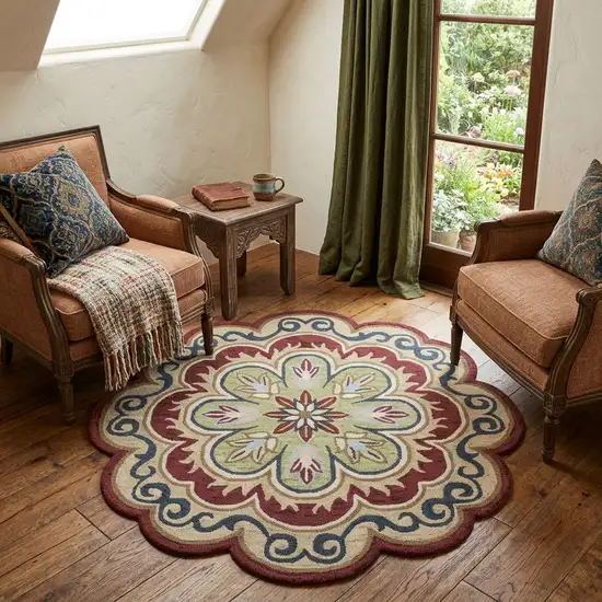 Orange Round Wool Floral Hand Tufted Area Rug Photo 1