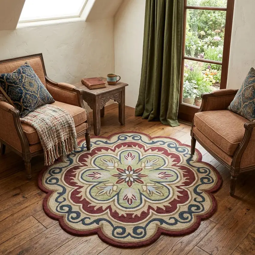 Orange Round Wool Floral Hand Tufted Area Rug Photo 1