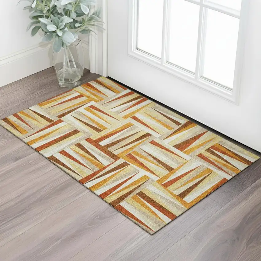 Orange Rust And Ivory Geometric Washable Area Rug With UV Protection Photo 2
