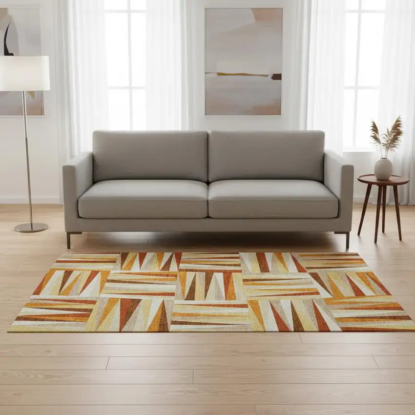Orange Rust And Ivory Geometric Washable Area Rug With UV Protection Photo 2