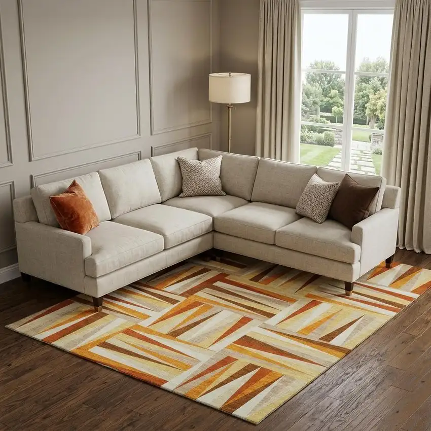 Orange Rust And Ivory Geometric Washable Area Rug With UV Protection Photo 1