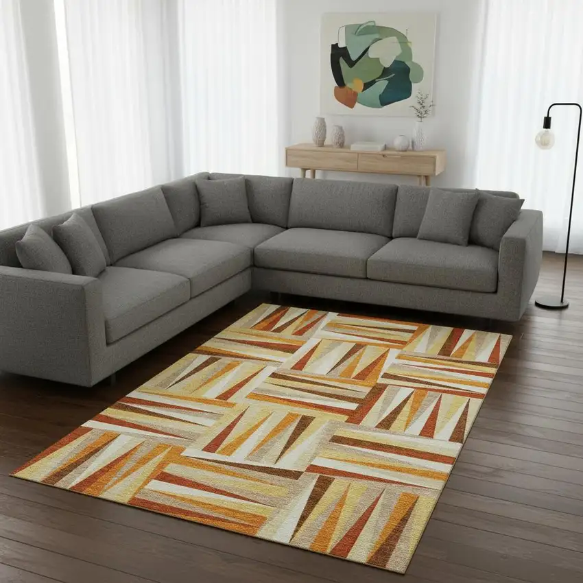 Orange Rust And Ivory Geometric Washable Area Rug With UV Protection Photo 2