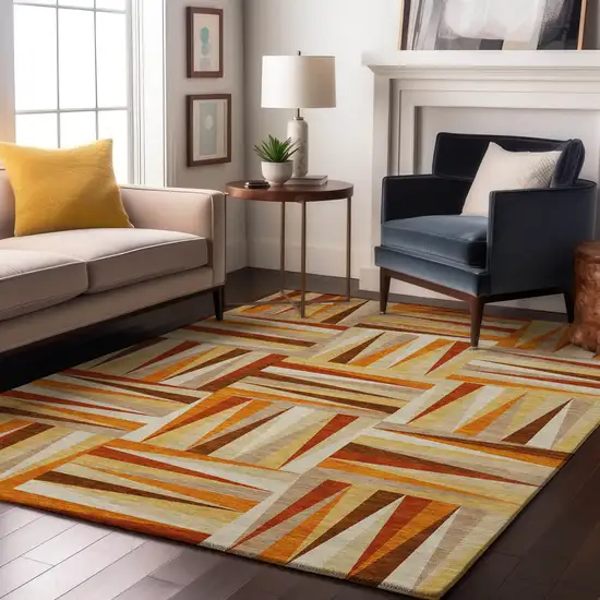 Orange Rust And Ivory Geometric Washable Area Rug With UV Protection Photo 4
