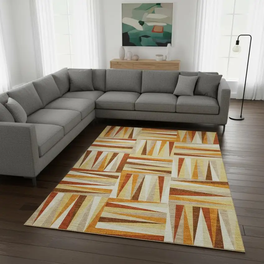 Orange Rust And Ivory Geometric Washable Area Rug With UV Protection Photo 2