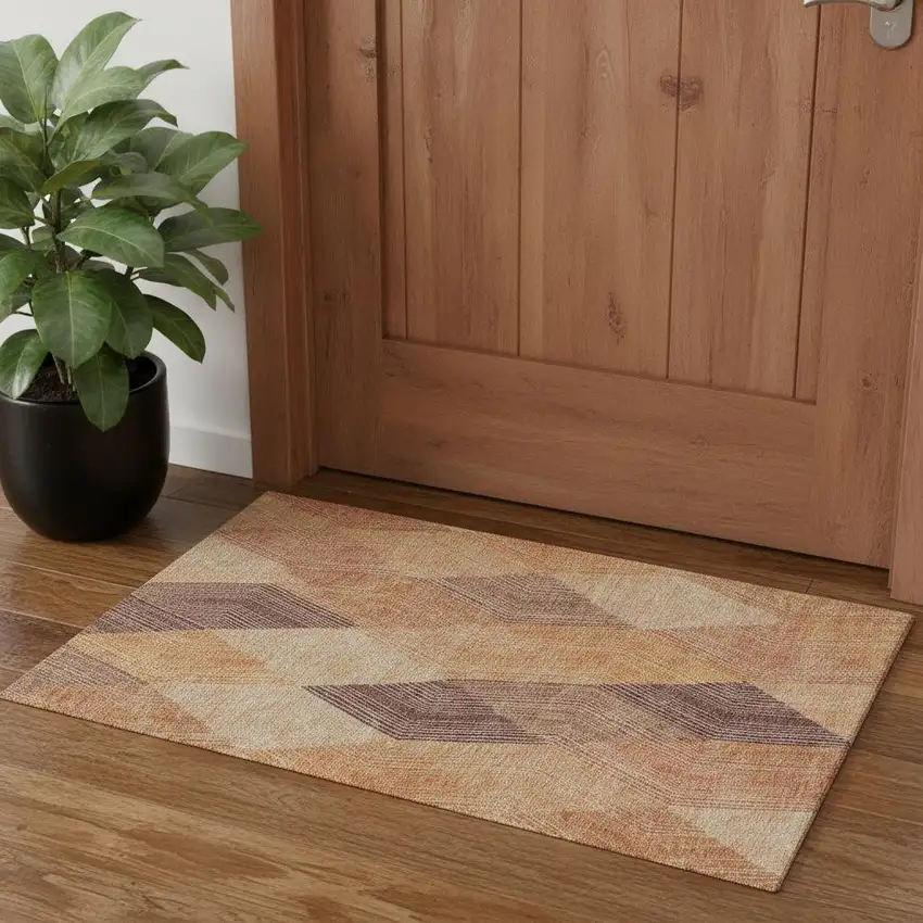 Orange Salmon And Ivory Geometric Washable Area Rug With UV Protection Photo 1