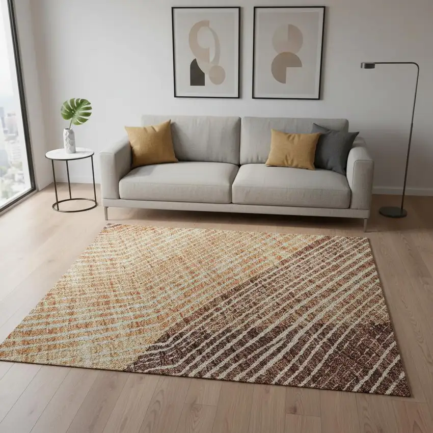 Orange Salmon And Ivory Geometric Washable Area Rug With UV Protection Photo 2