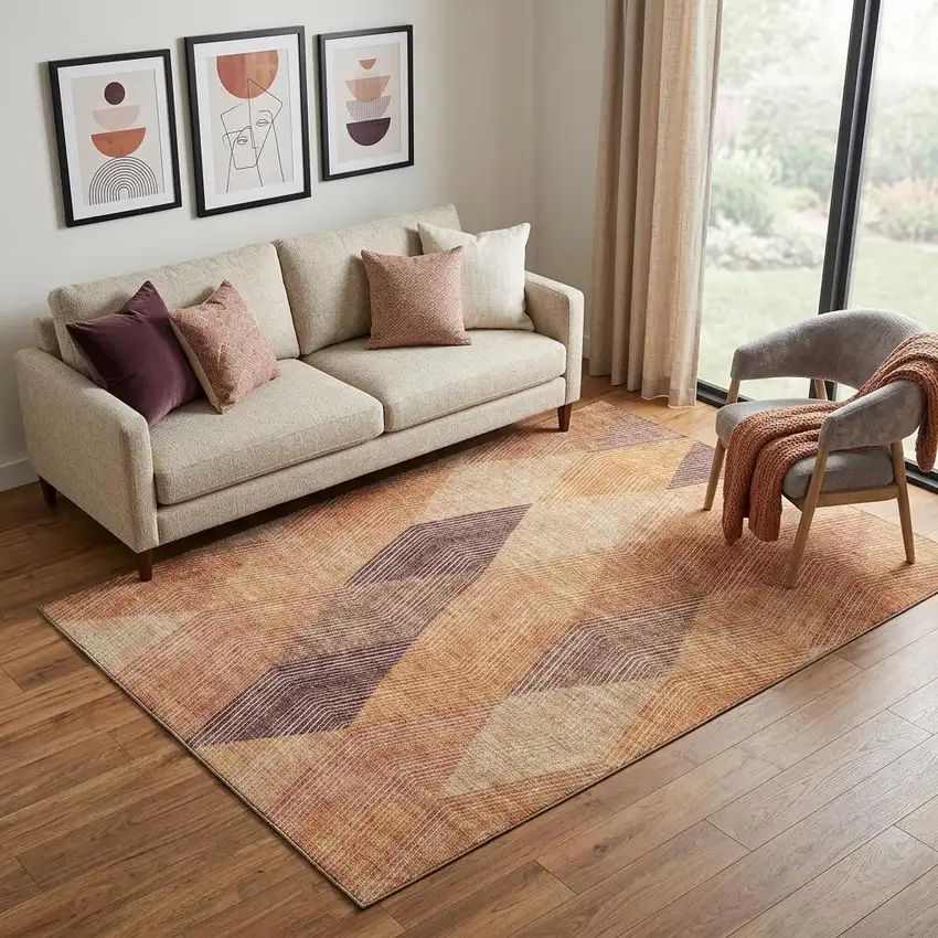 Orange Salmon And Ivory Geometric Washable Area Rug With UV Protection Photo 1