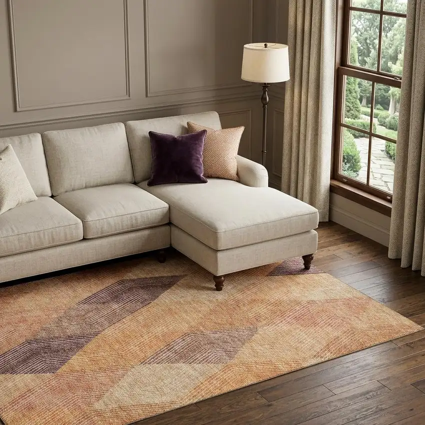 Orange Salmon And Ivory Geometric Washable Area Rug With UV Protection Photo 1