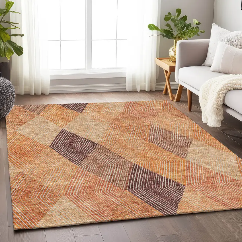 Orange Salmon And Ivory Geometric Washable Area Rug With UV Protection Photo 3