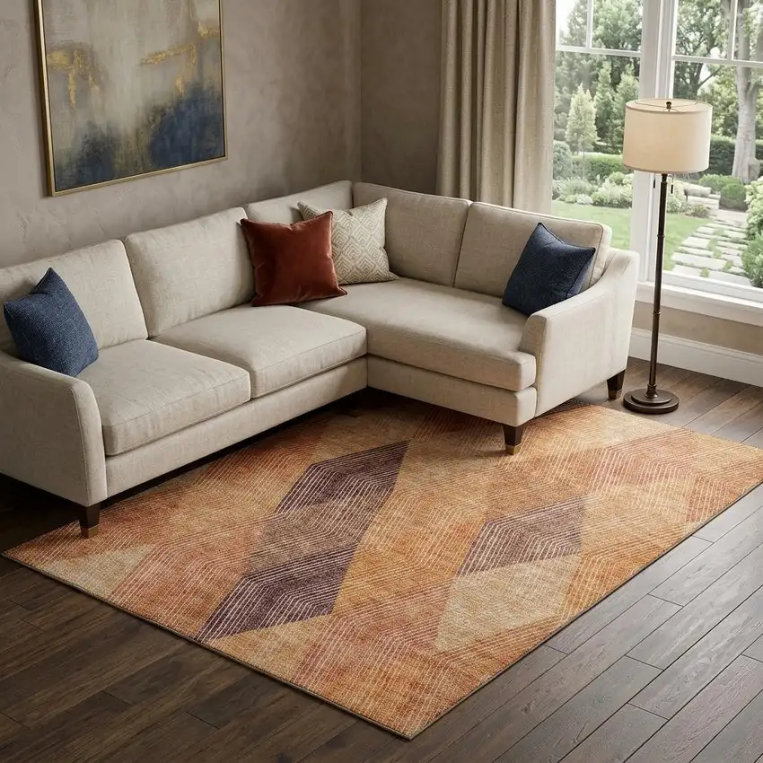 Orange Salmon And Ivory Geometric Washable Area Rug With UV Protection Photo 1