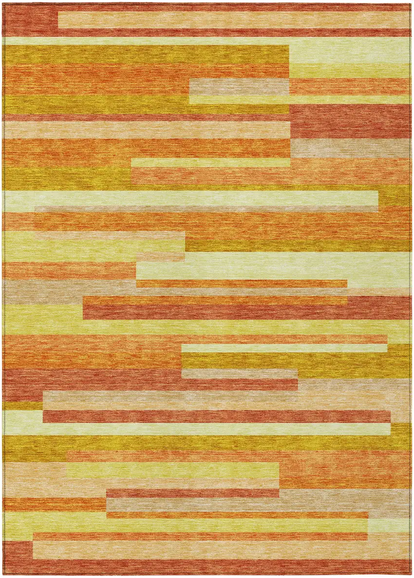 Orange Salmon And Lime Green Striped Washable Indoor Outdoor Area Rug Photo 2
