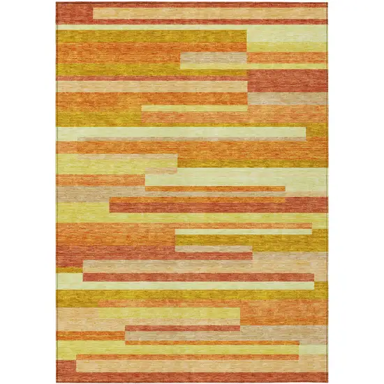 Orange Salmon And Lime Green Striped Washable Indoor Outdoor Area Rug Photo 1