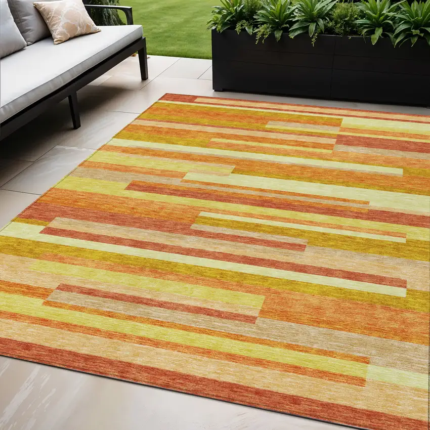 Orange Salmon And Lime Green Striped Washable Indoor Outdoor Area Rug Photo 1