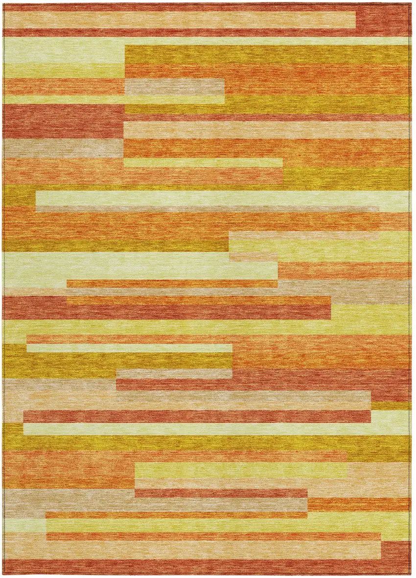 Orange Salmon And Lime Green Striped Washable Indoor Outdoor Area Rug Photo 5