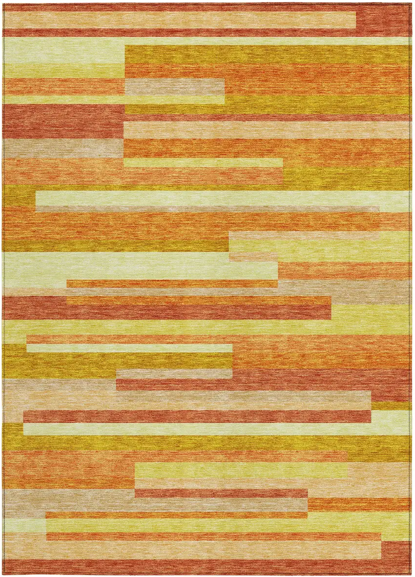 Orange Salmon And Lime Green Striped Washable Indoor Outdoor Area Rug Photo 5