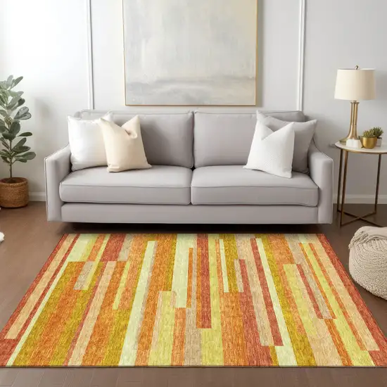 Orange Salmon And Lime Green Striped Washable Indoor Outdoor Area Rug Photo 8