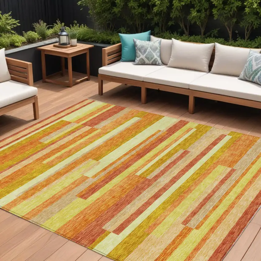 Orange Salmon And Lime Green Striped Washable Indoor Outdoor Area Rug Photo 1
