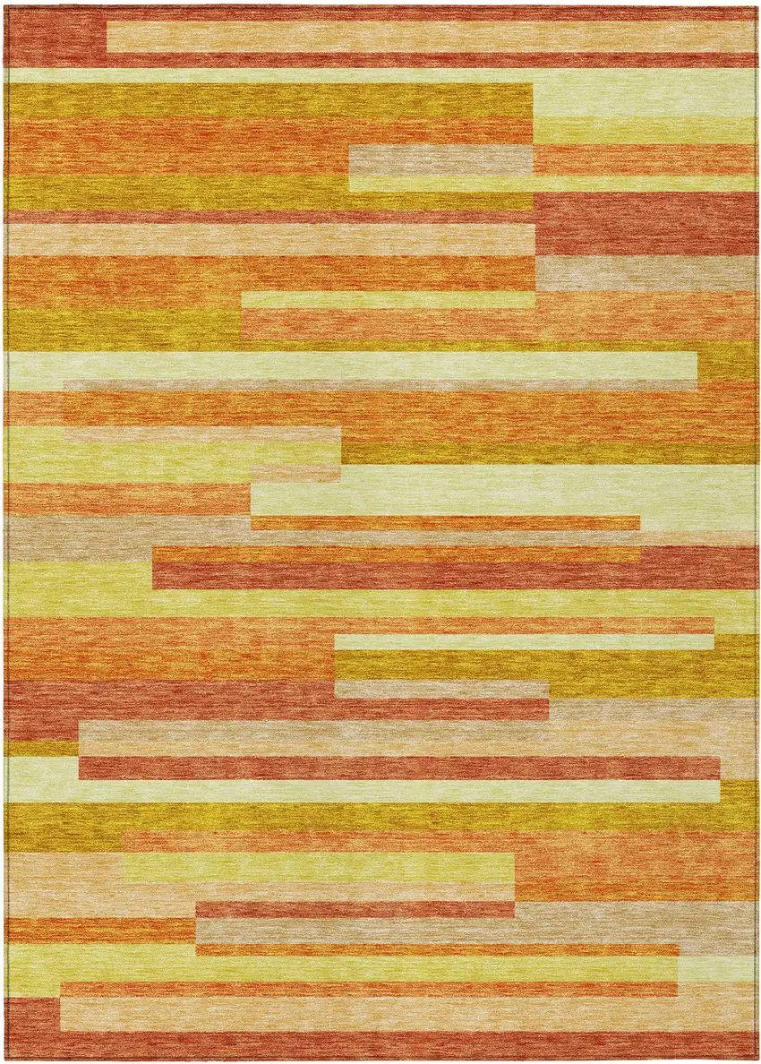 Orange Salmon And Lime Green Striped Washable Indoor Outdoor Area Rug Photo 2