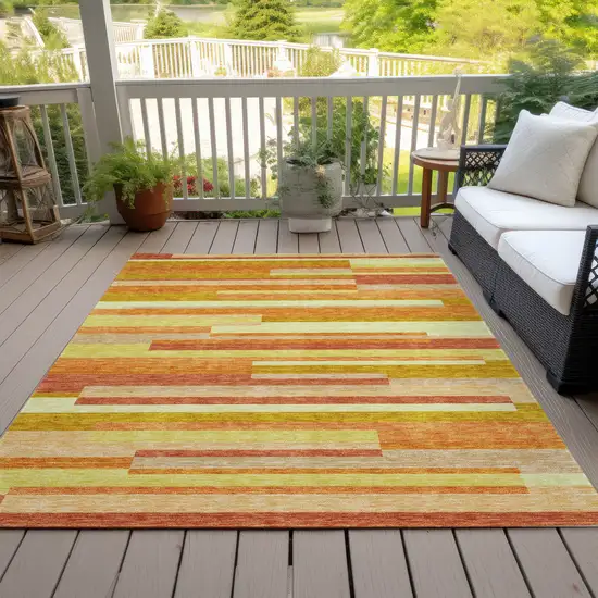 Orange Salmon And Lime Green Striped Washable Indoor Outdoor Area Rug Photo 6