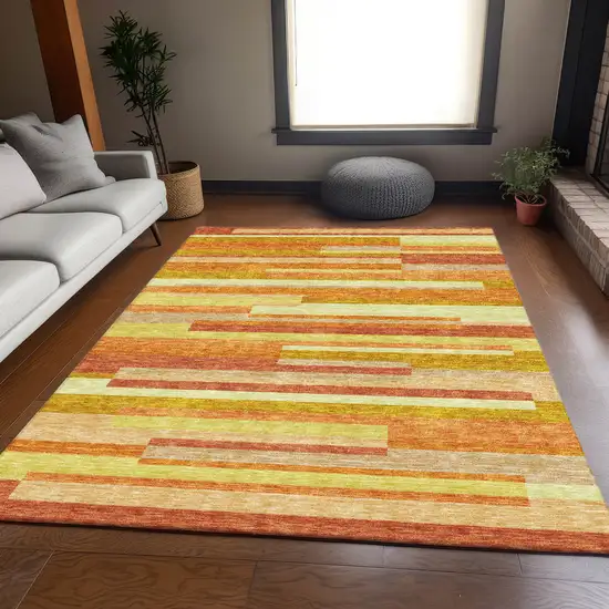 Orange Salmon And Lime Green Striped Washable Indoor Outdoor Area Rug Photo 7