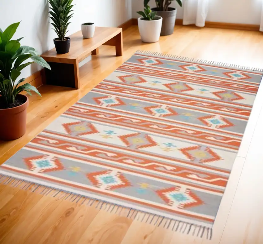 Orange Southwestern Handmade Area Rug With Fringe Photo 2