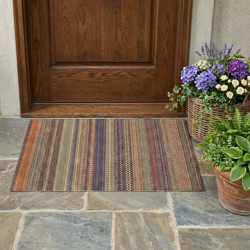 Orange Striped Washable Non Skid Indoor Outdoor Area Rug Photo 1