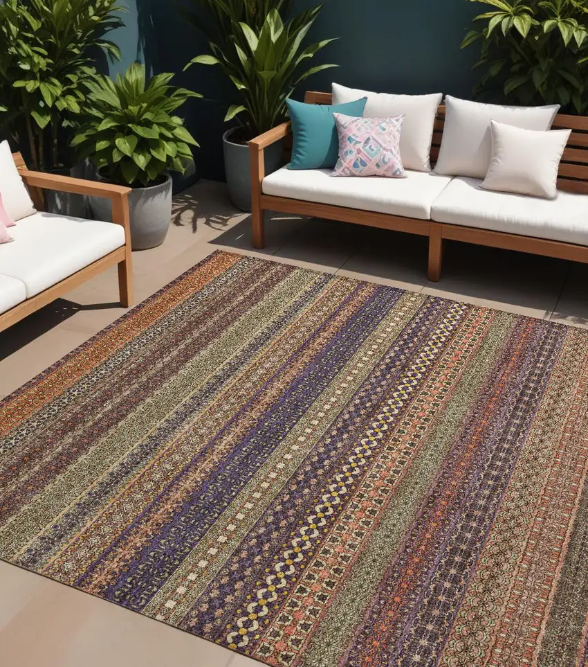 Orange Striped Washable Non Skid Indoor Outdoor Area Rug Photo 1