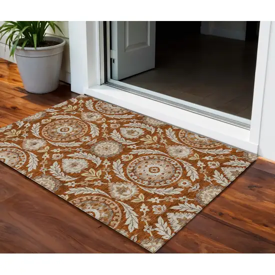 Orange Taupe And Gold Floral Washable Indoor Outdoor Area Rug Photo 1